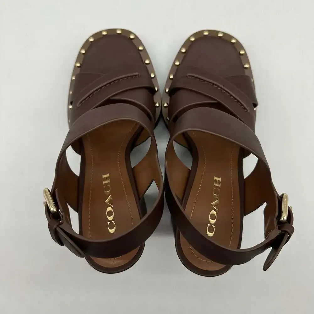 COACH Callie Platform Saddle Brown Leather Strappy Heels Sandals Women's Size 8B